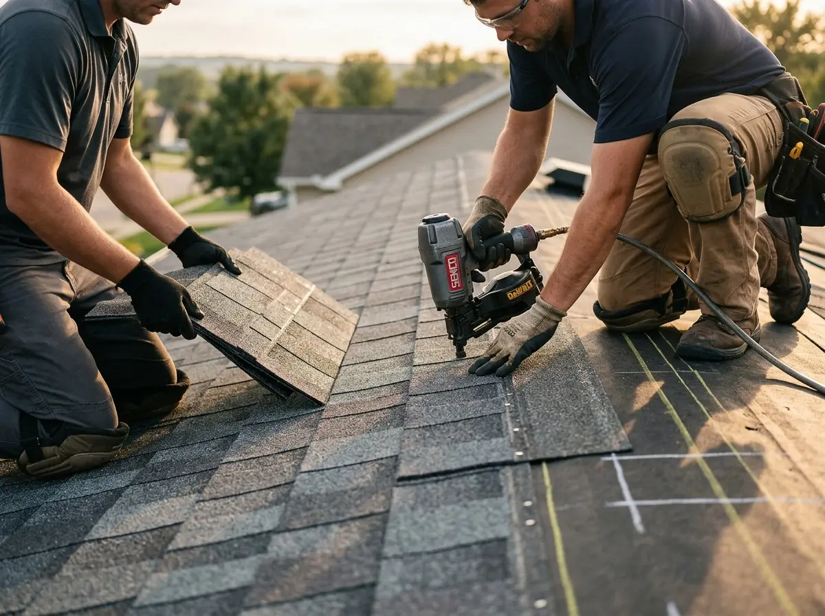 Professional roofer working on a residential roof in Ballwin